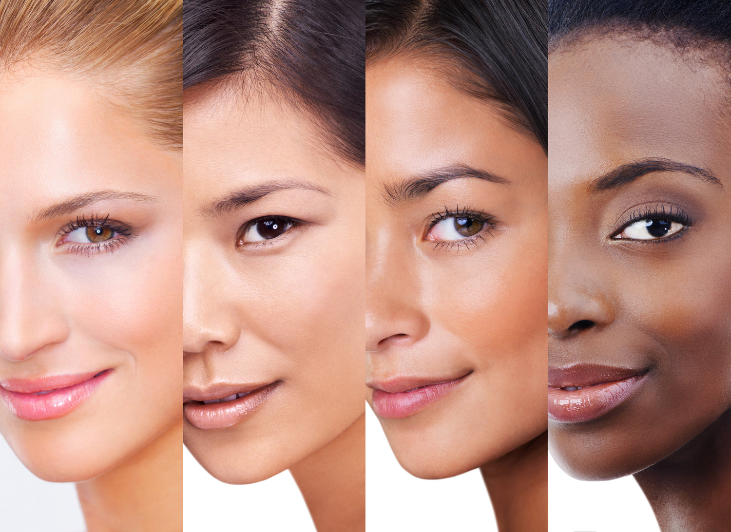 4 women from different ethnicities, with clean & radiant skin, smiling at the camera 