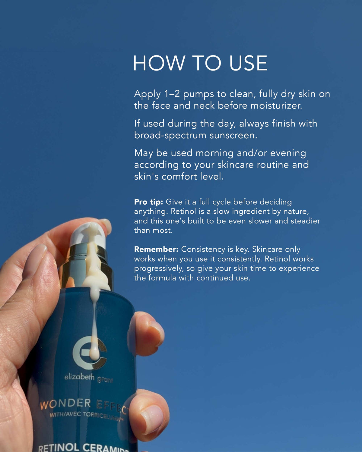 A hand holds a blue Elizabeth Goudier Wonder Retinol Ceramide pump bottle against a clear blue sky background, with white text instructions on the right side of the image.